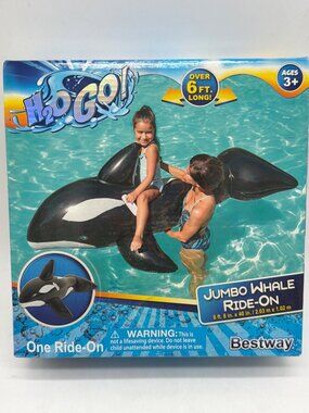 H2O GO Jumbo Whale Ride-On For Pool Fun 6 Ft 8 In Long Heavy-Duty Handles Ages 3